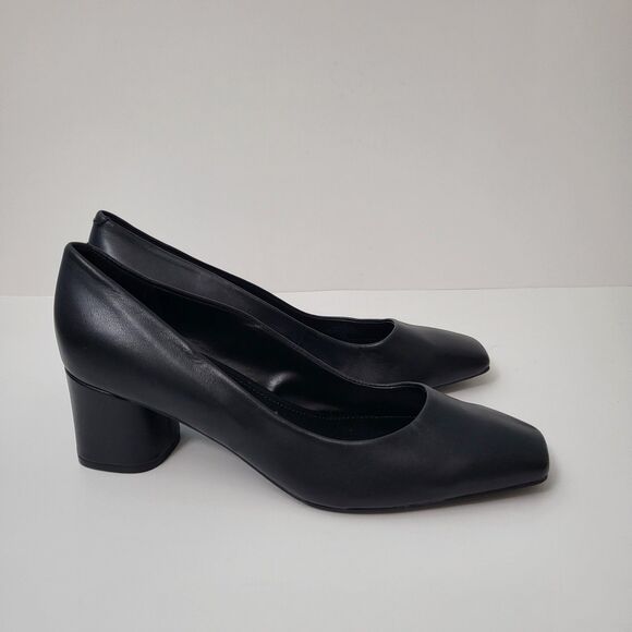 CALVIN KLEIN Alanta Pumps Womens 9 Black Leather Square Toe Block Heels Office - Picture 1 of 8